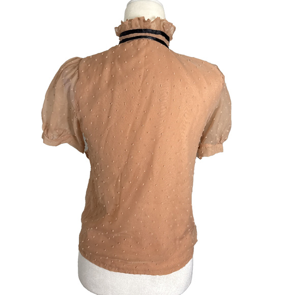 Blush Sheer Swiss Dot Ruffle Chiffon Blouse Puff Sleeve Mock Neck Victorian Sm - Picture 5 of 7